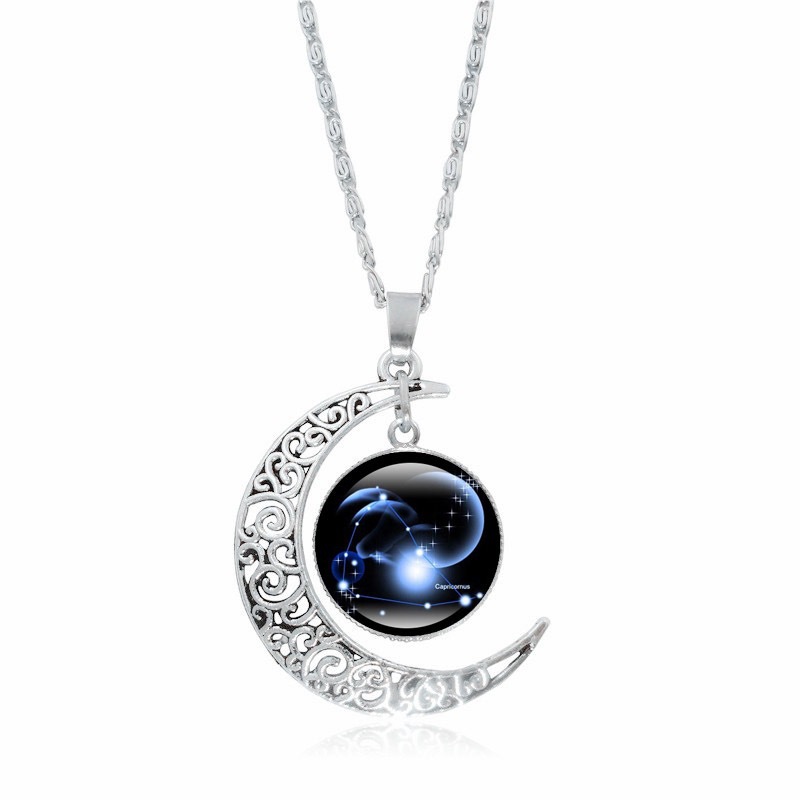 Zodiac Time Gem Luminous Necklace for Women, Simple Silver Moon Pendant Choker - Image 11