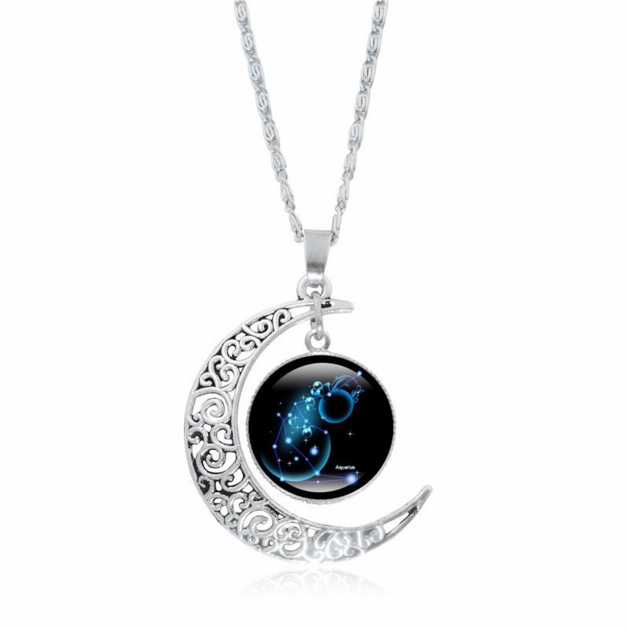 Zodiac Time Gem Luminous Necklace for Women, Simple Silver Moon Pendant Choker - Image 3