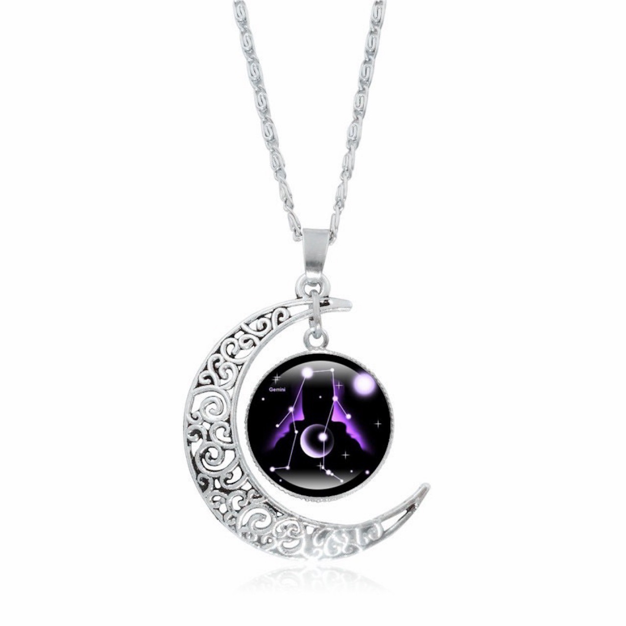 Zodiac Time Gem Luminous Necklace for Women, Simple Silver Moon Pendant Choker - Image 4