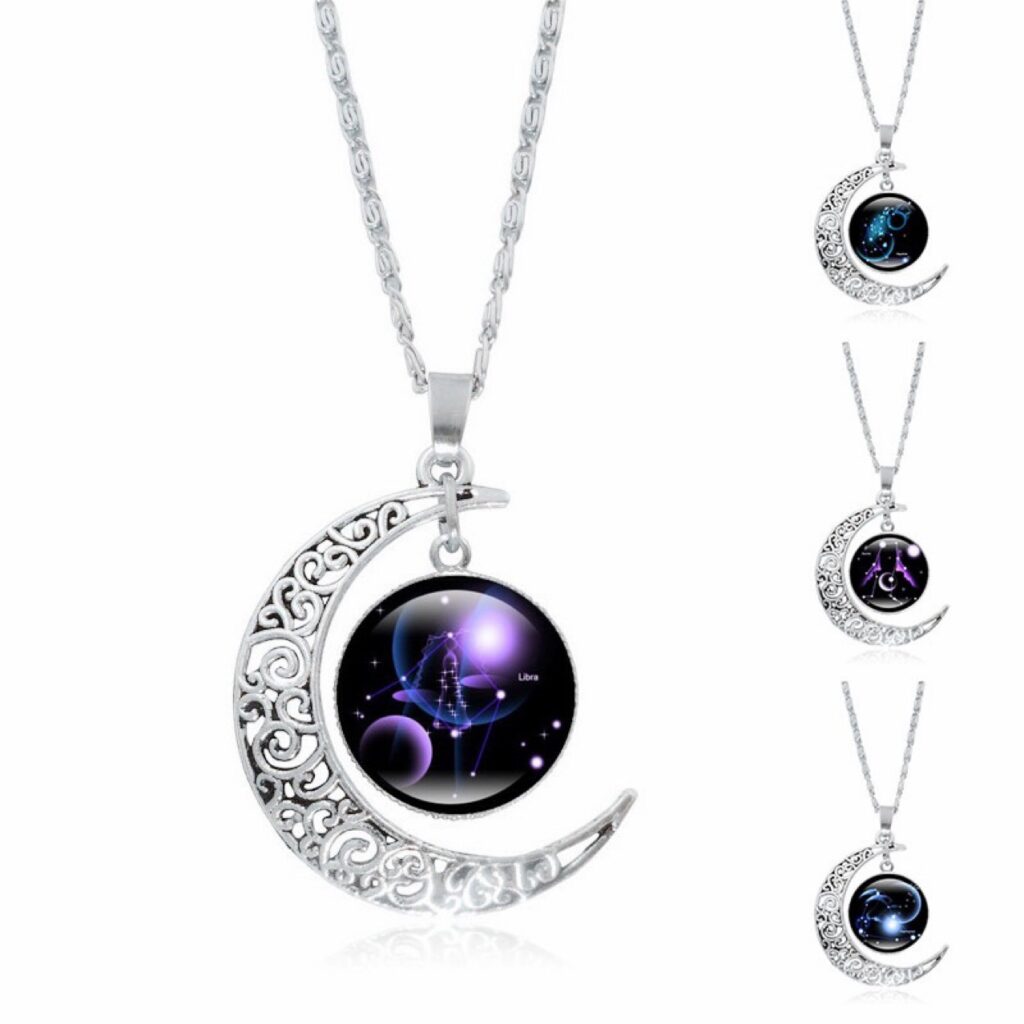 Zodiac Time Gem Luminous Necklace for Women, Simple Silver Moon Pendant Choker