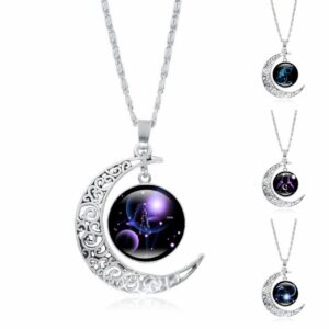 Zodiac Time Gem Luminous Necklace for Women, Simple Silver Moon Pendant Choker