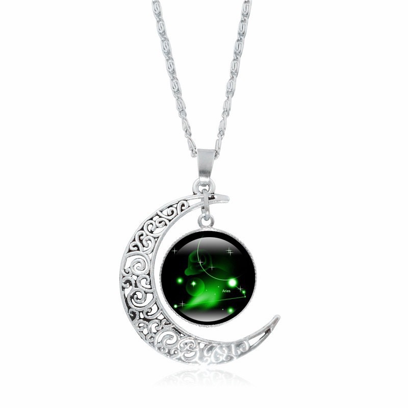 Zodiac Time Gem Luminous Necklace for Women, Simple Silver Moon Pendant Choker - Image 16