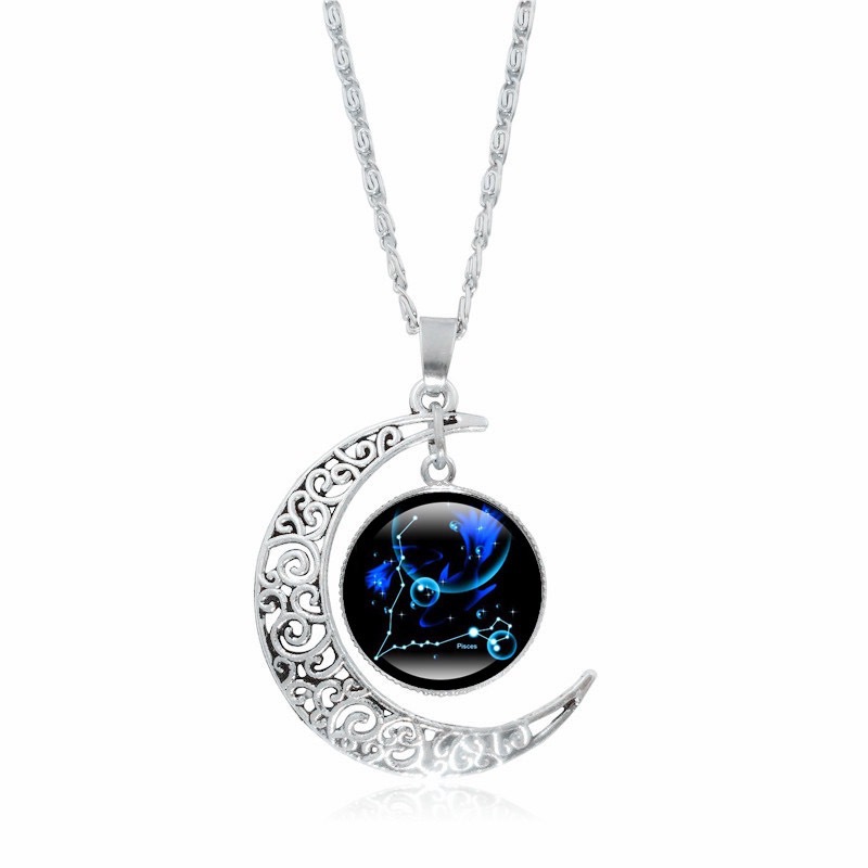 Zodiac Time Gem Luminous Necklace for Women, Simple Silver Moon Pendant Choker - Image 9