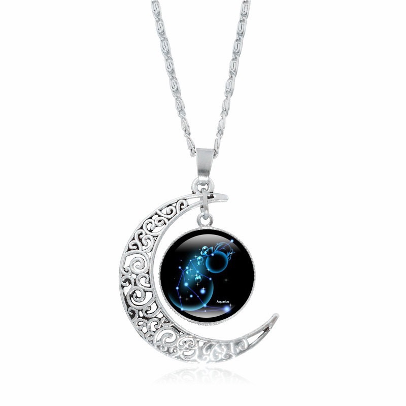 Zodiac Time Gem Luminous Necklace for Women, Simple Silver Moon Pendant Choker - Image 7